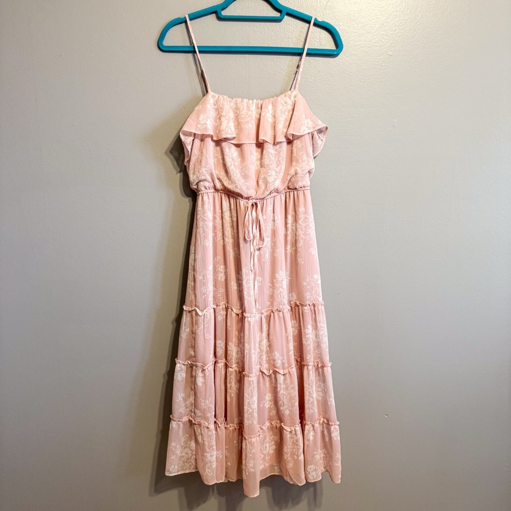 Mi Ami Floral Midi Dress Pink Tiered Ruffle Spaghetti Strap Cottagecore Size S